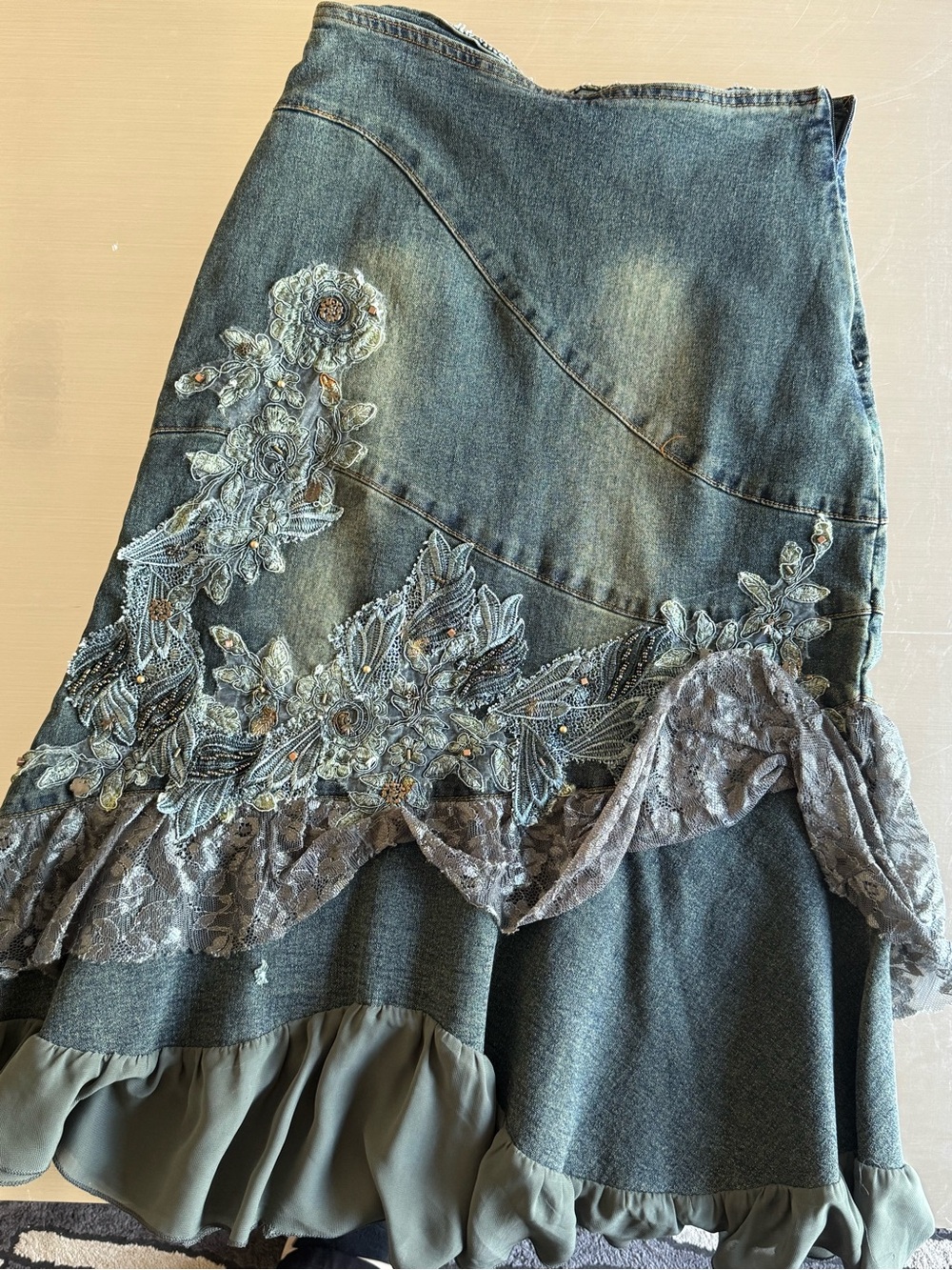 Echo Olive Green Embroidered Denim A-Line Skirt